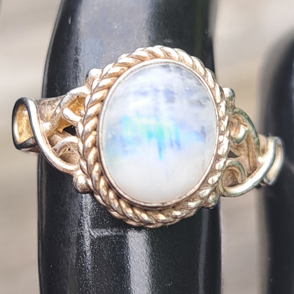 Oval rainbow moonstone sterling silver ring